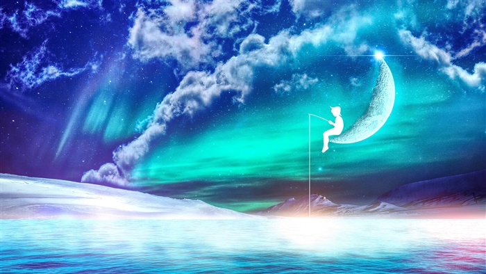 Silhouette fisherman on moon fishing under aurora 4K