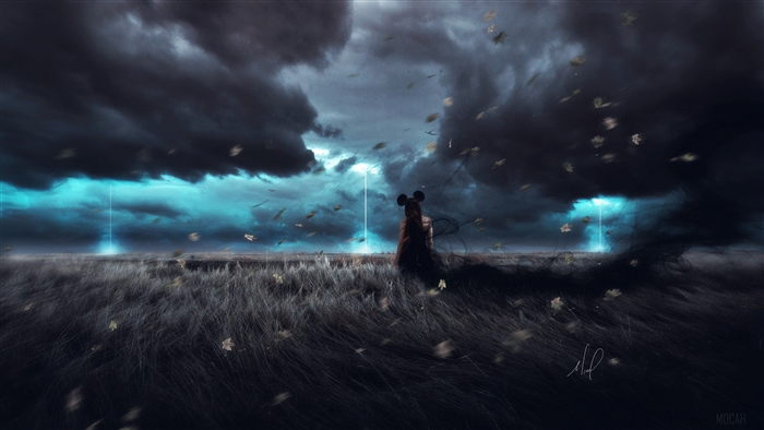 Girl with mouse ears in a stormy field