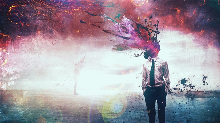 Man in gas mask with exploding head, surreal digital art 4K