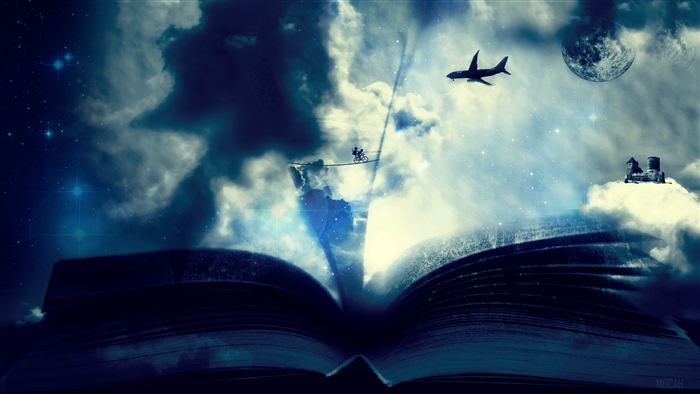 Fantasy book with clouds, airplane, and castle 4K
