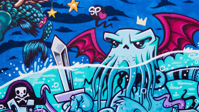Graffiti of Cthulhu and pirate skull with sword