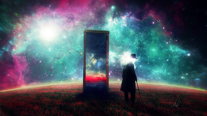 Man in Top Hat in Surreal Space Landscape with Doorway 4K