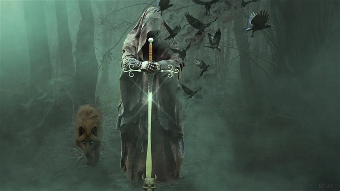 Mysterious hooded figure with sword, wolf, and crows in forest 4K