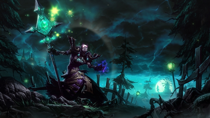 Necromancer with a glowing staff in a spooky forest at night 4K