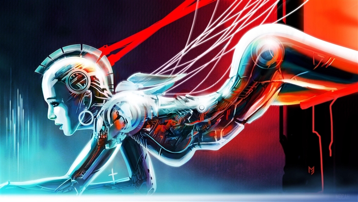 Cyborg girl lying down with wires