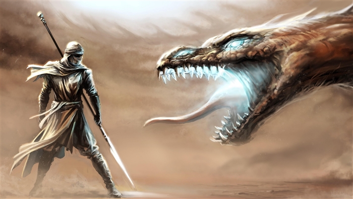 Warrior facing a dragon in a desert 4K