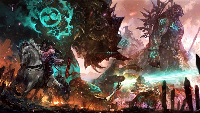 Man and woman on horse with monsters and destruction 4K
