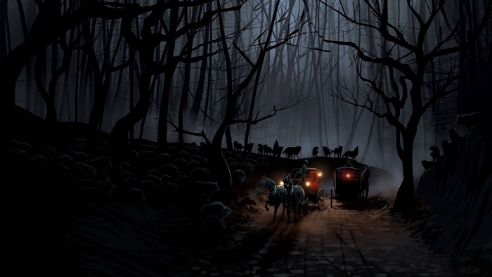 Carriage in a dark forest with wolves