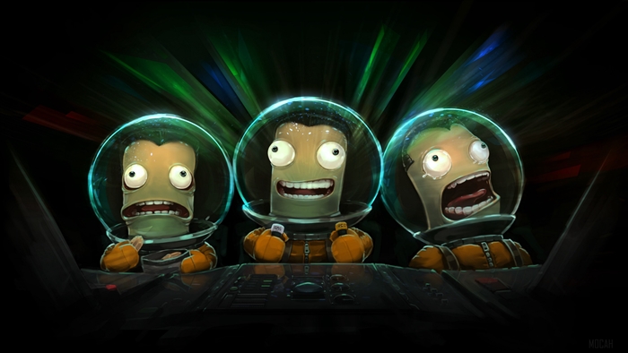 Three Kerbals in spacesuits in a cockpit