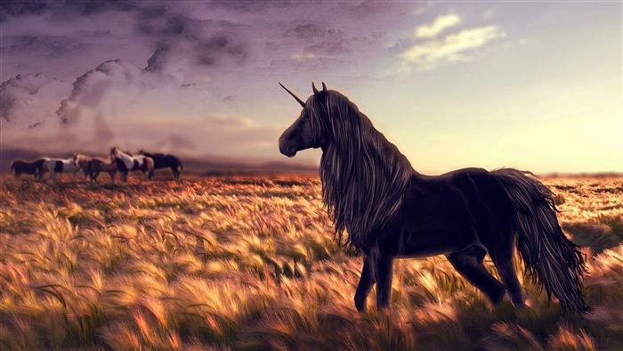 Majestic Black Unicorn in Windy Grassland 4K