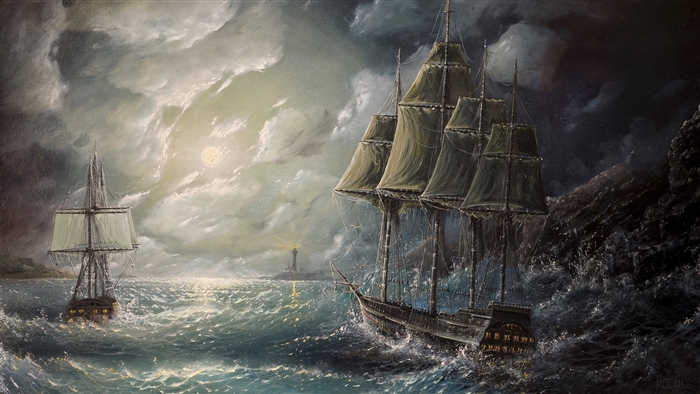 Ships in a Storm with Lighthouse 4K