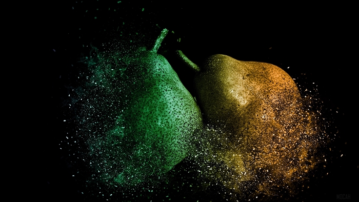 Two pears exploding into particles, 4K