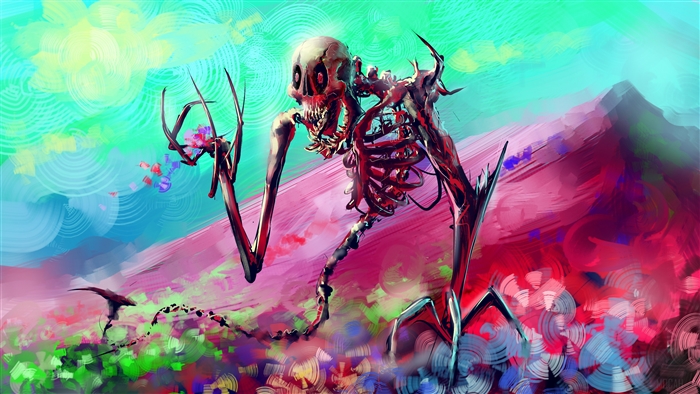 Skeleton in a colorful, abstract landscape 4K