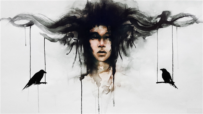 Art of a face with birds and abstract elements
