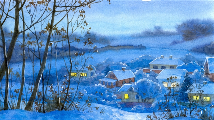 Winter village at night with snow
