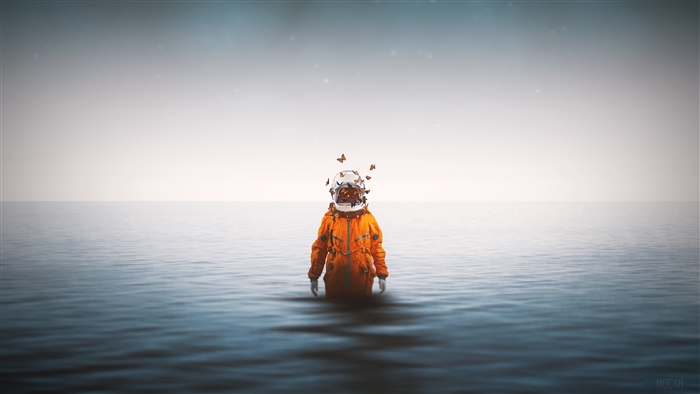 Surreal Astronaut Standing in Calm Sea with Butterflies