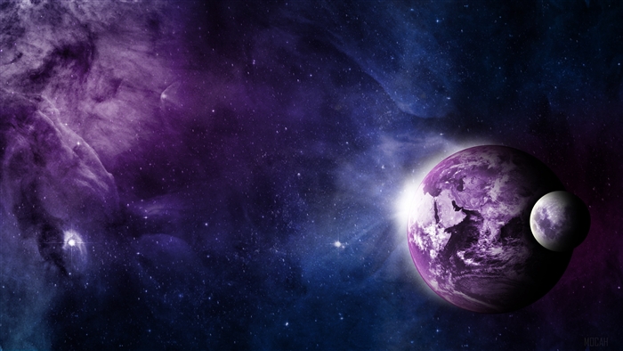 Purple planet and moon in a nebula