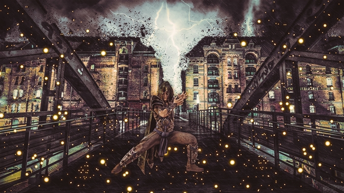 Magician casting lightning on a bridge 4K