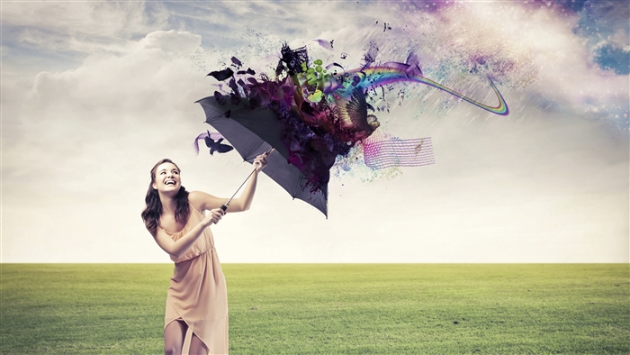 Girl with Abstract Umbrella in Field 4K