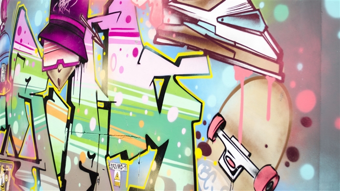 Graffiti art with cartoon character and skateboard