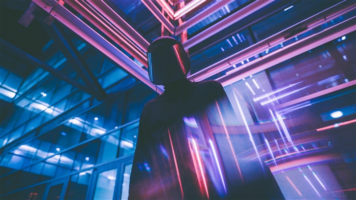 Person in futuristic mask with neon lights