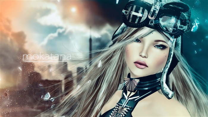 Girl with goggles and blond hair, "mokata" text, debris