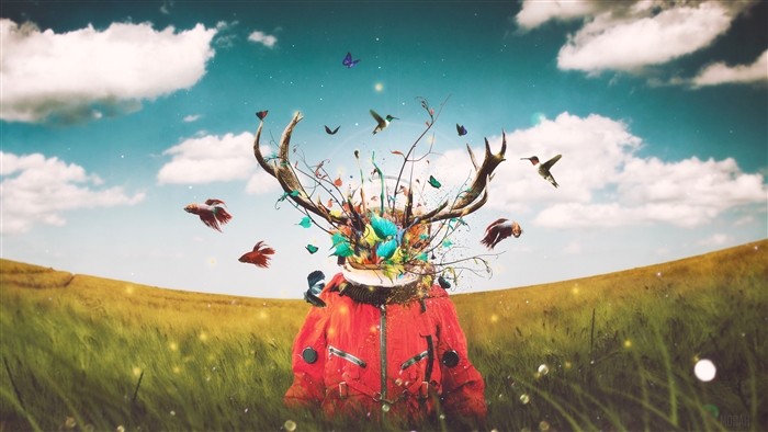 Surreal astronaut with deer antlers in a field 4K