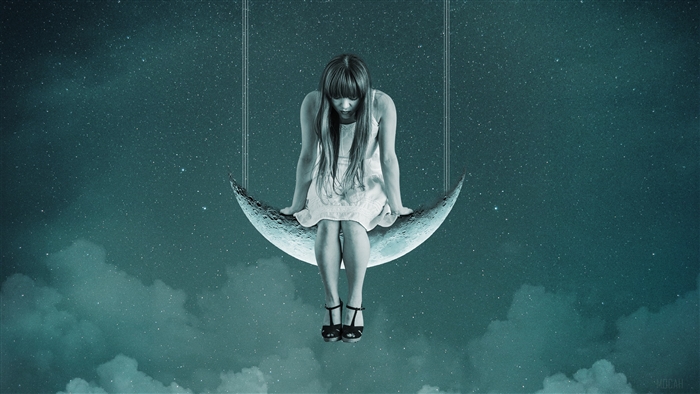 Girl on a moon swing in starry sky 4K