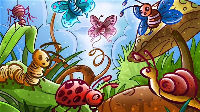 Cute insects and butterflies in a magical forest 4K