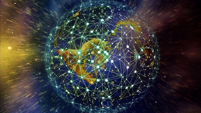 Planet Earth with a global network overlay in outer space