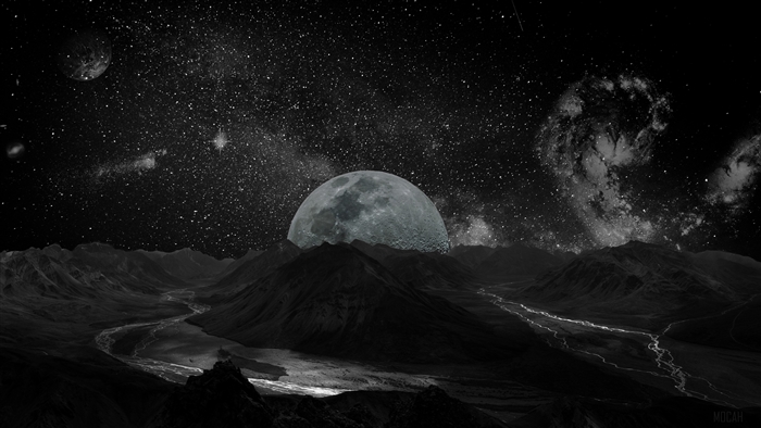 Moon and stars over alien landscape 4K