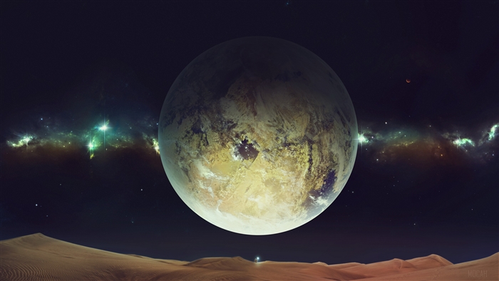 Planet in space with nebula and desert landscape