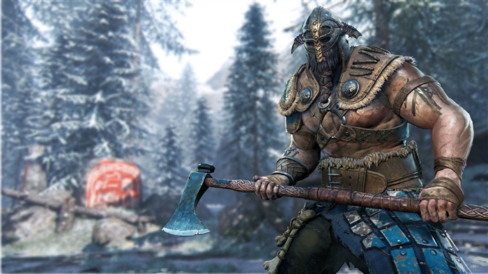 Raider from For Honor holding an axe in a forest