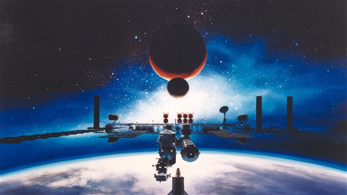 Space station orbiting Earth with planets and galaxy