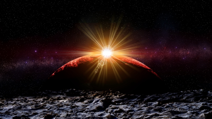 Planet and star in space with galaxy and stars