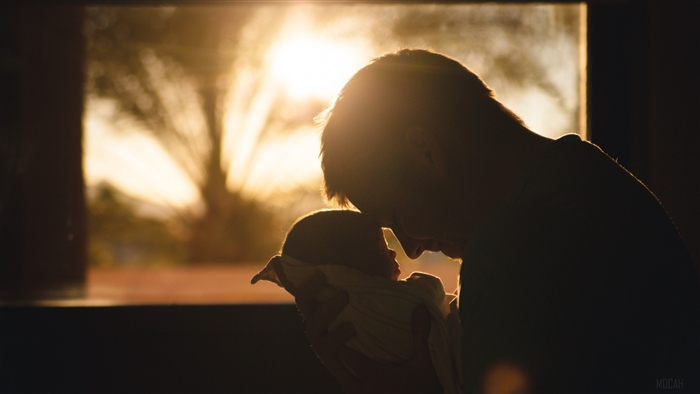 Father holding a baby at sunset 4K
