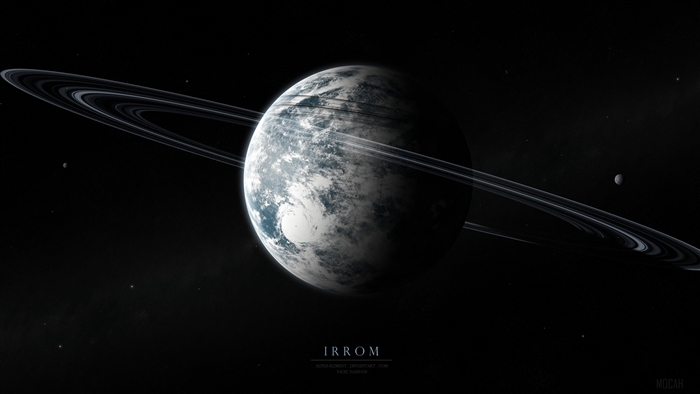 Irrom planet with rings and moons in space 4K
