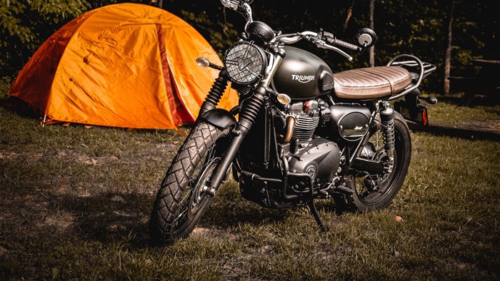 Triumph motorcycle parked next to orange tent on grass 4K