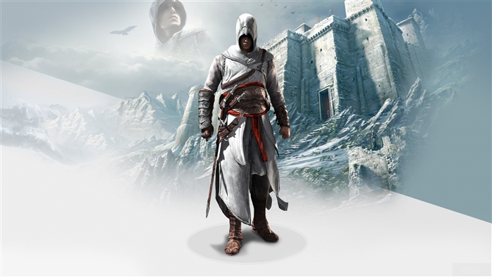 Altair from Assassin's Creed in front of a castle