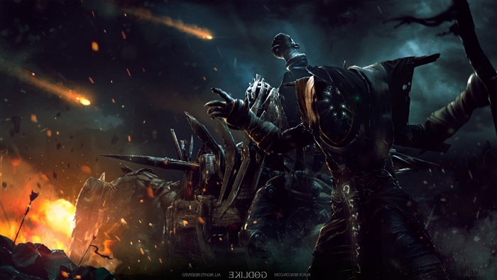 Creatures in a fiery battle with meteors
