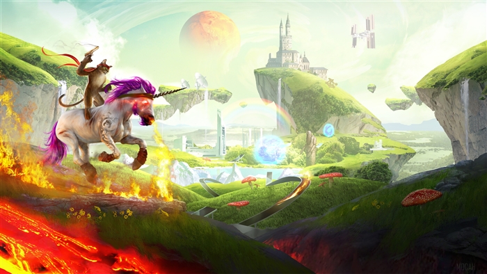 Cat riding a unicorn over lava in a fantasy landscape 4K