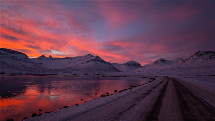 Snowy Mountains and Lake at Sunset