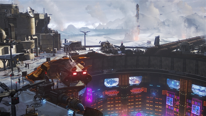 Sci-fi industrial city with spaceship and futuristic screens