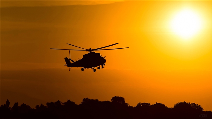 Mil Mi-2 Attack Helicopter Silhouette at Sunset 4K