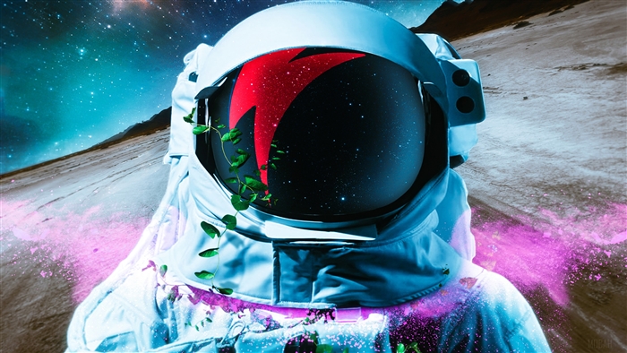 Astronaut in space with red symbol and plants 4K