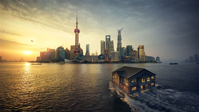 Shanghai Skyline and House on Water at Sunset 4K