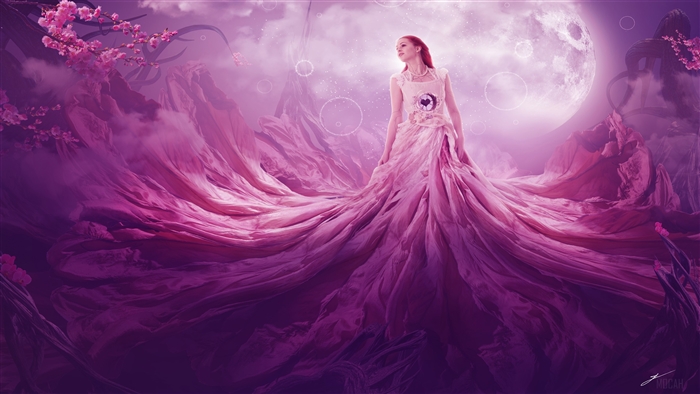 Fantasy Woman in Pink Dress with Moon