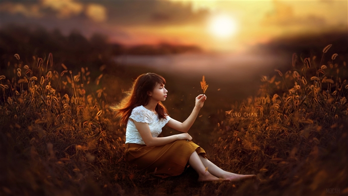 Girl in field at sunset 4K