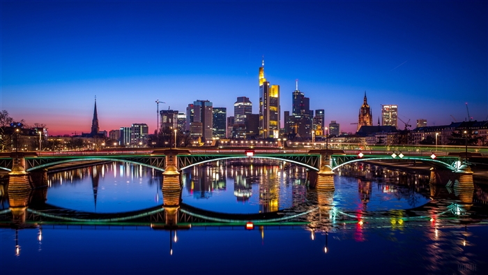 Frankfurt Skyline and River at Dusk 4K
