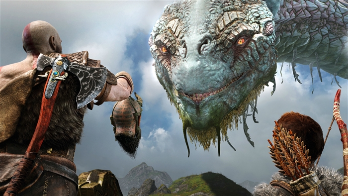 Kratos and Atreus from God of War with Jormungandr 4K